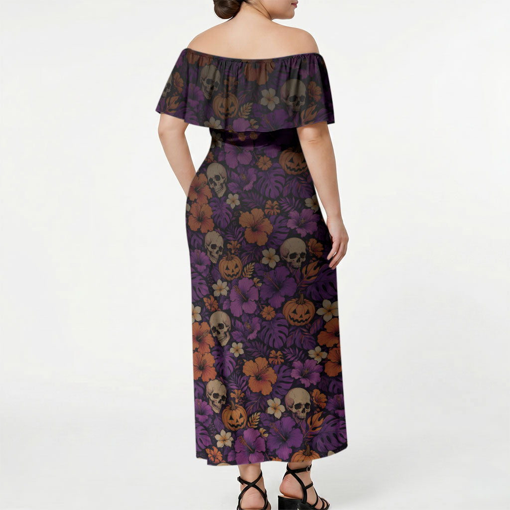 Hawaii Halloween Off Shoulder Maxi Dress Skeleton Bones Flower Lei Tropical Floral DT05 - Polynesian Pride