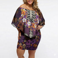 Hawaii Halloween Off Shoulder Short Dress Skeleton Bones Flower Lei Tropical Floral DT05 Women Black - Polynesian Pride