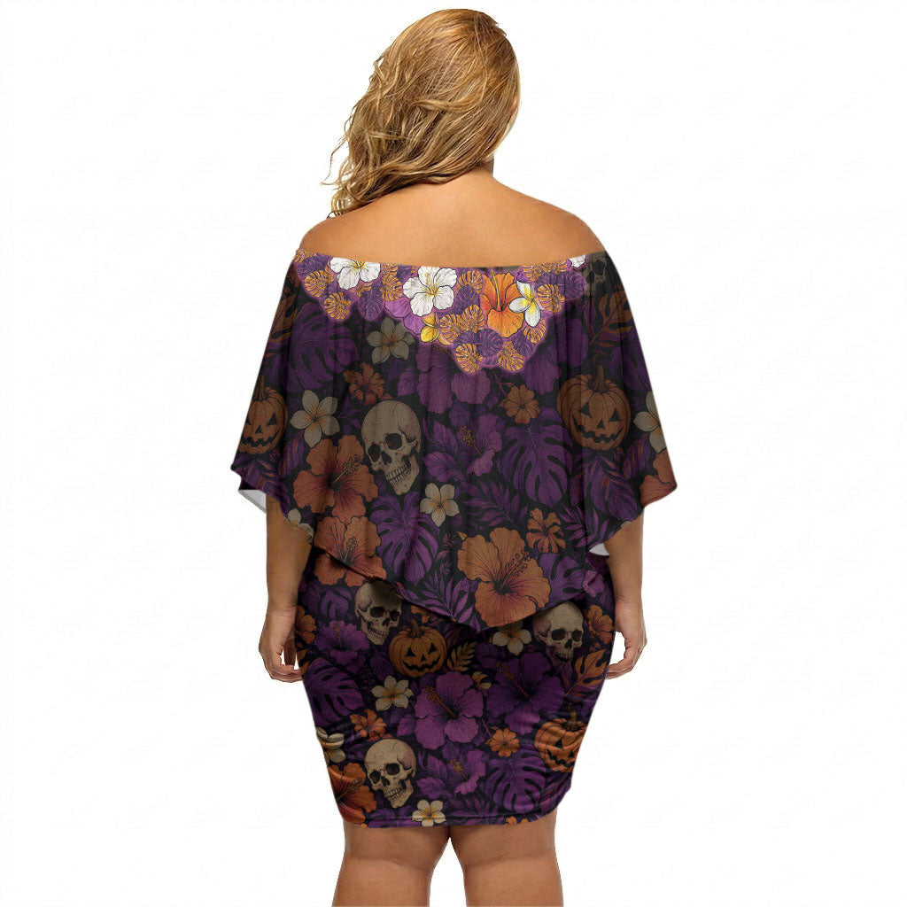 Hawaii Halloween Off Shoulder Short Dress Skeleton Bones Flower Lei Tropical Floral DT05 - Polynesian Pride
