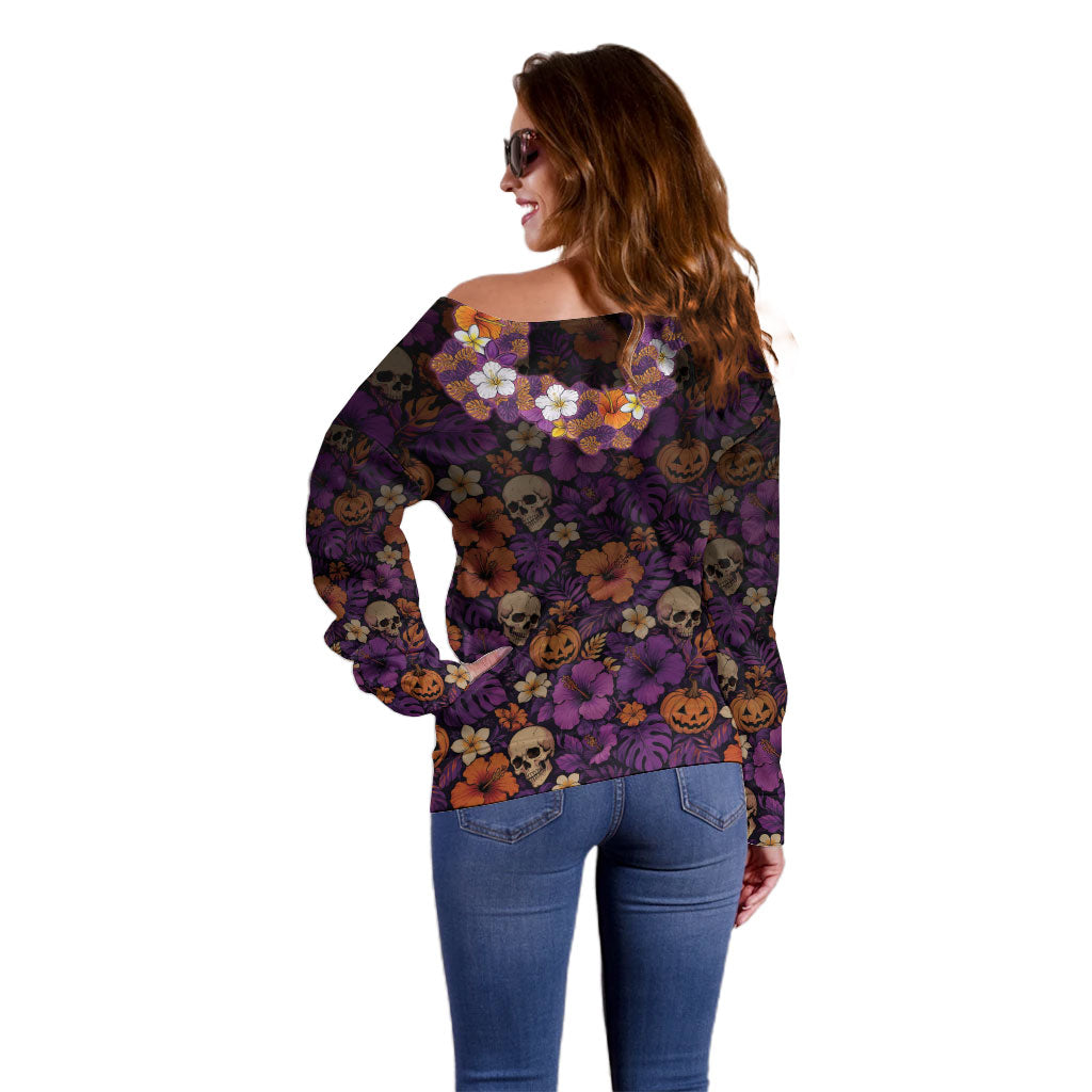 Hawaii Halloween Off Shoulder Sweater Skeleton Bones Flower Lei Tropical Floral DT05 - Polynesian Pride