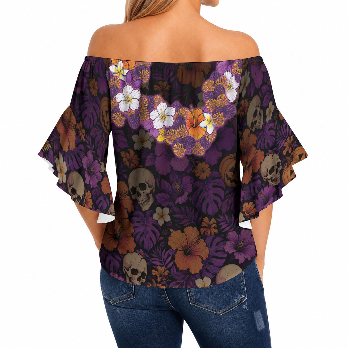 Hawaii Halloween Off Shoulder Wrap Waist Top Skeleton Bones Flower Lei Tropical Floral DT05 - Polynesian Pride