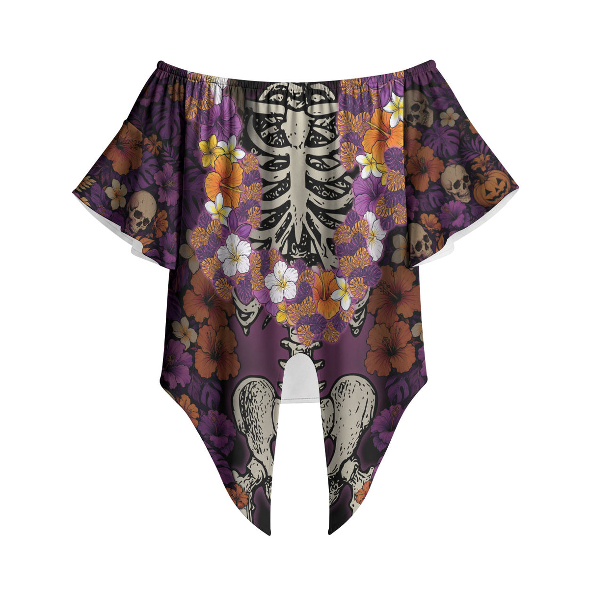 Hawaii Halloween Off Shoulder Wrap Waist Top Skeleton Bones Flower Lei Tropical Floral DT05 - Polynesian Pride