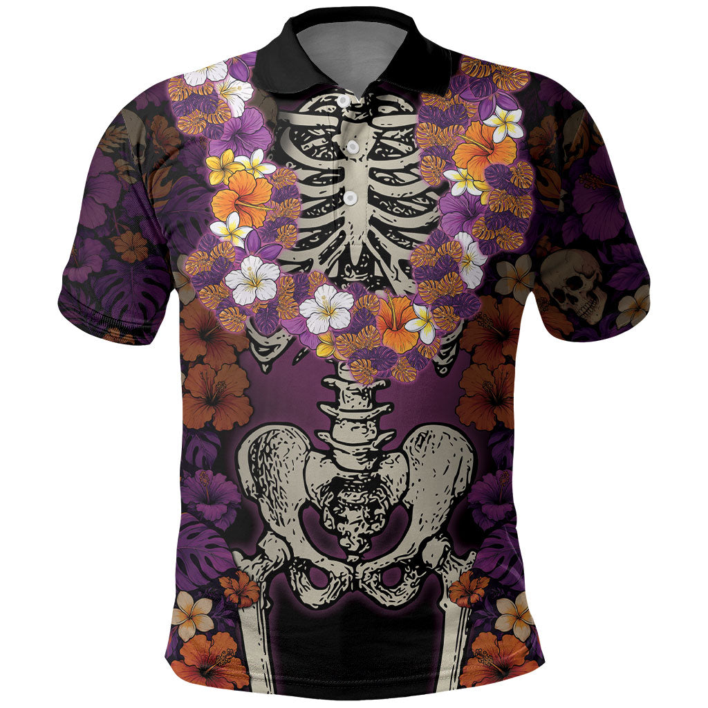 Hawaii Halloween Polo Shirt Skeleton Bones Flower Lei Tropical Floral DT05 Black - Polynesian Pride