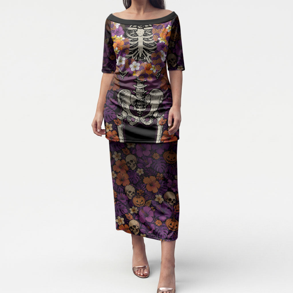 Hawaii Halloween Puletasi Skeleton Bones Flower Lei Tropical Floral DT05 Long Dress Black - Polynesian Pride