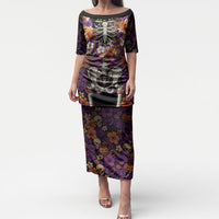 Hawaii Halloween Puletasi Skeleton Bones Flower Lei Tropical Floral DT05 Long Dress Black - Polynesian Pride