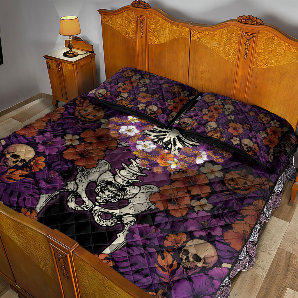 Hawaii Halloween Quilt Bed Set Skeleton Bones Flower Lei Tropical Floral DT05 - Polynesian Pride