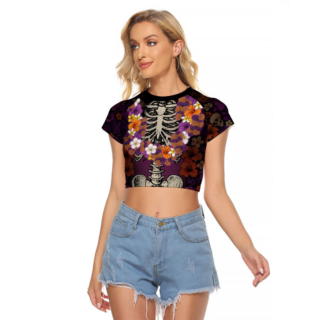 Hawaii Halloween Raglan Cropped T Shirt Skeleton Bones Flower Lei Tropical Floral DT05 Female Black - Polynesian Pride