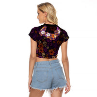 Hawaii Halloween Raglan Cropped T Shirt Skeleton Bones Flower Lei Tropical Floral DT05 - Polynesian Pride