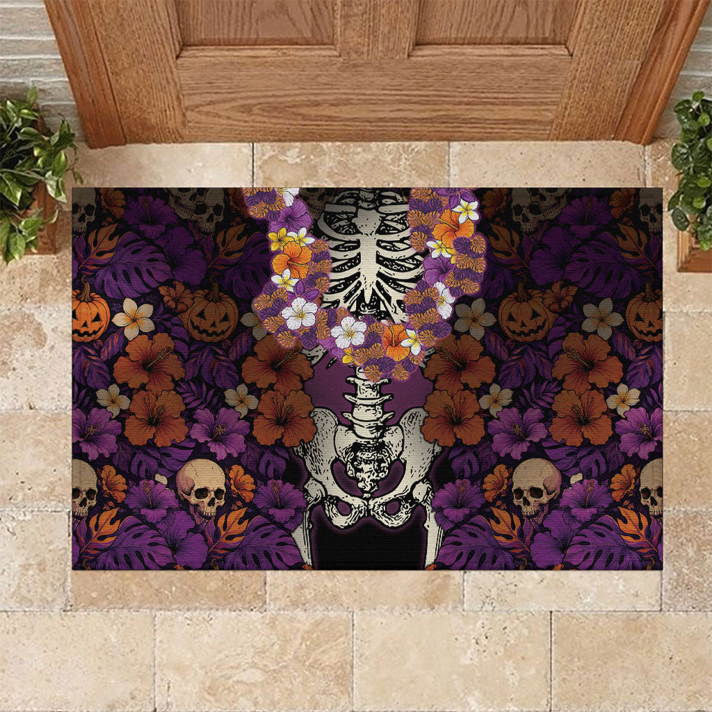 Hawaii Halloween Rubber Doormat Skeleton Bones Flower Lei Tropical Floral DT05 Black - Polynesian Pride