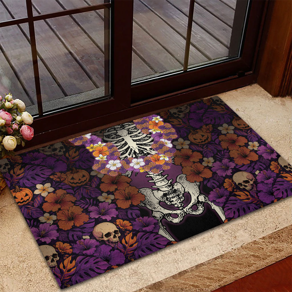 Hawaii Halloween Rubber Doormat Skeleton Bones Flower Lei Tropical Floral DT05 - Polynesian Pride