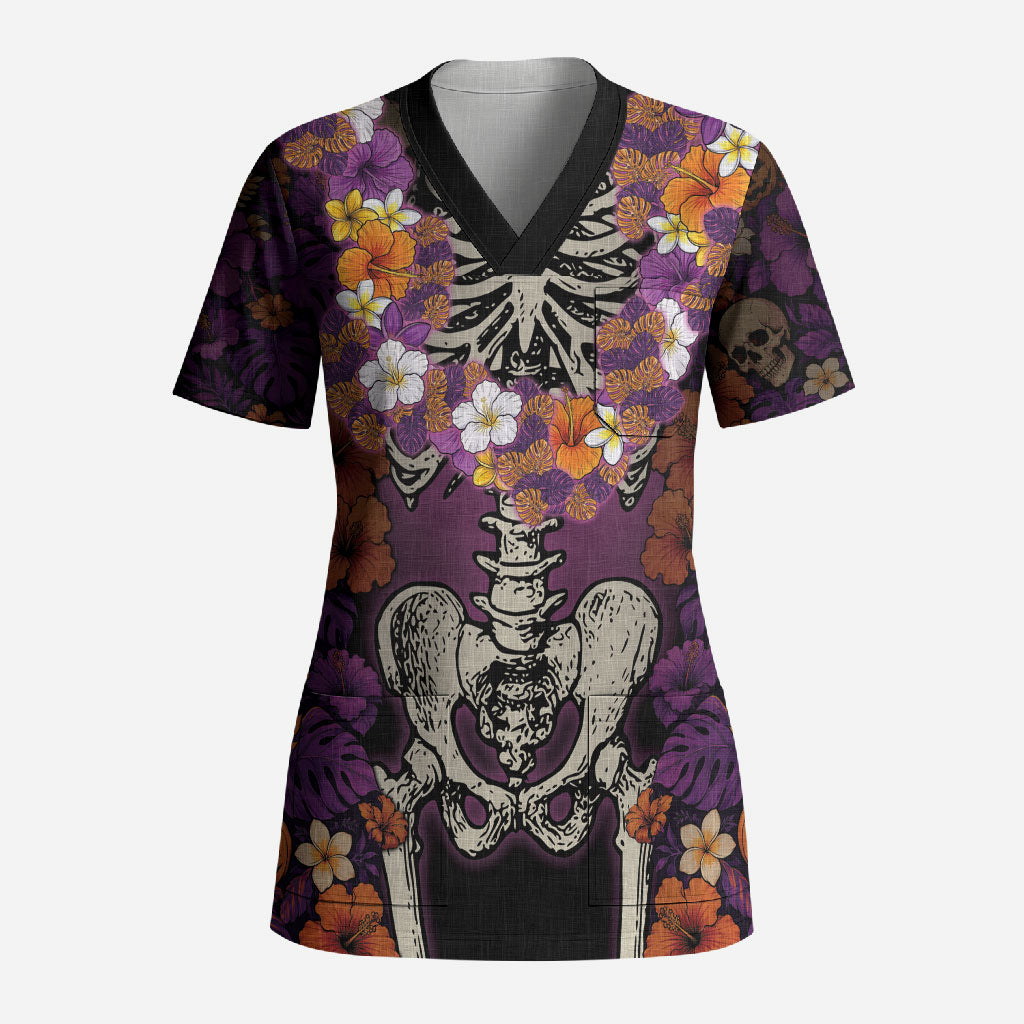 Hawaii Halloween Scrub Top Skeleton Bones Flower Lei Tropical Floral DT05 Adult Black - Polynesian Pride