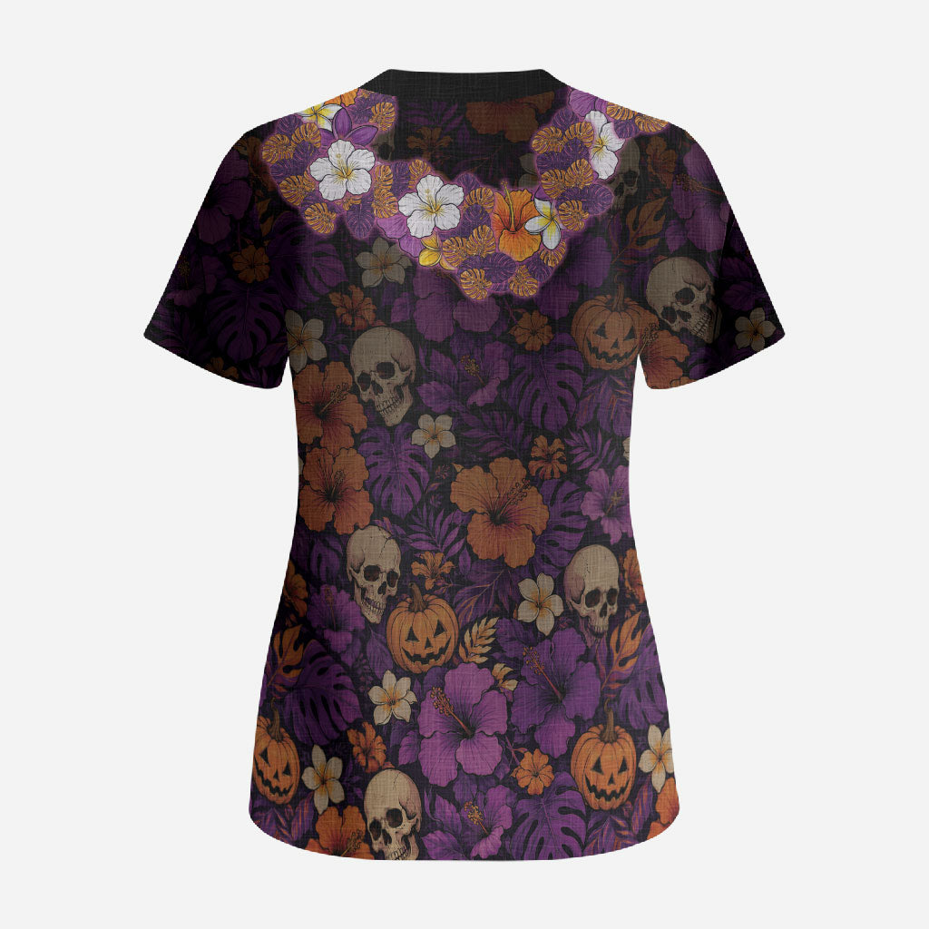 Hawaii Halloween Scrub Top Skeleton Bones Flower Lei Tropical Floral DT05 - Polynesian Pride