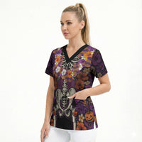 Hawaii Halloween Scrub Top Skeleton Bones Flower Lei Tropical Floral DT05 - Polynesian Pride