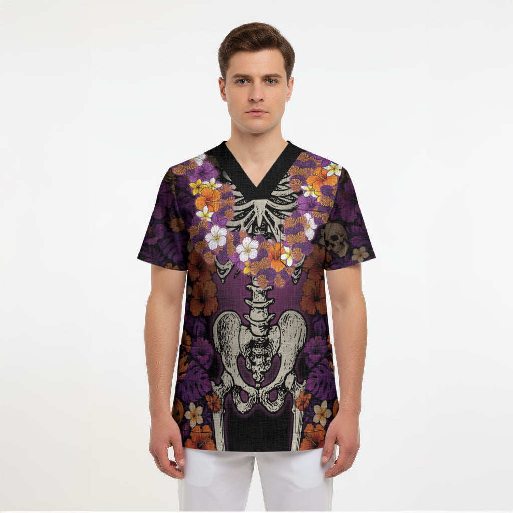 Hawaii Halloween Scrub Top Skeleton Bones Flower Lei Tropical Floral DT05 - Polynesian Pride