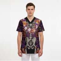 Hawaii Halloween Scrub Top Skeleton Bones Flower Lei Tropical Floral DT05 - Polynesian Pride