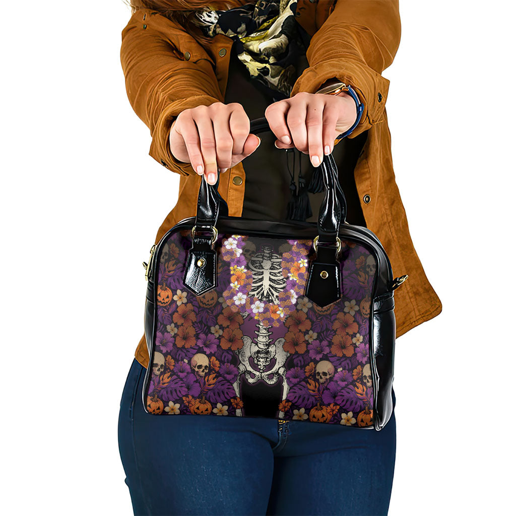 Hawaii Halloween Shoulder Handbag Skeleton Bones Flower Lei Tropical Floral DT05 One Size Black - Polynesian Pride