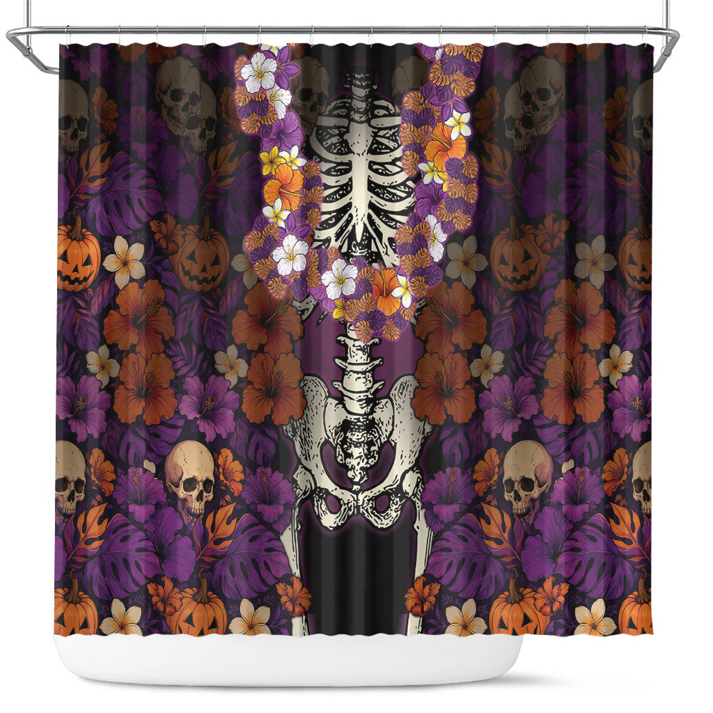 Hawaii Halloween Shower Curtain Skeleton Bones Flower Lei Tropical Floral DT05 Black - Polynesian Pride