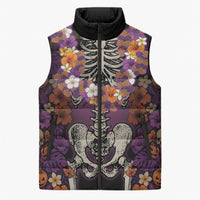 Hawaii Halloween Sleeveless Puffer Jacket Skeleton Bones Flower Lei Tropical Floral DT05 Unisex Black - Polynesian Pride