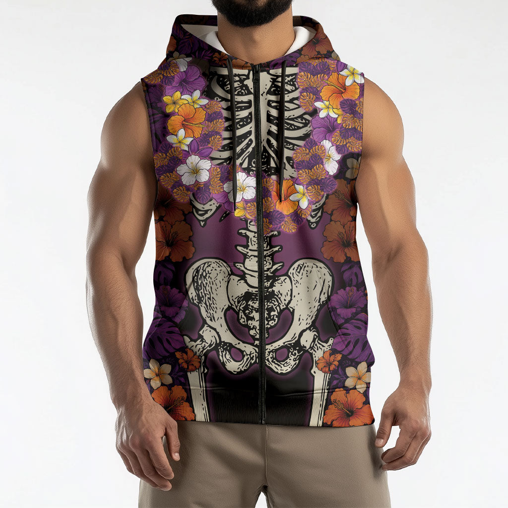 Hawaii Halloween Sleeveless Zip Hoodie Skeleton Bones Flower Lei Tropical Floral DT05 - Polynesian Pride