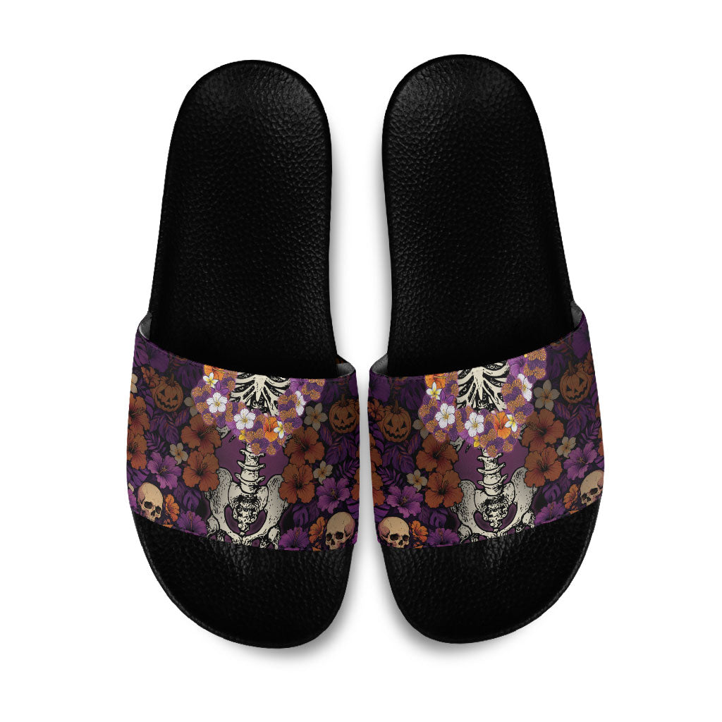 Hawaii Halloween Slide Sandals Skeleton Bones Flower Lei Tropical Floral DT05 Black - Polynesian Pride