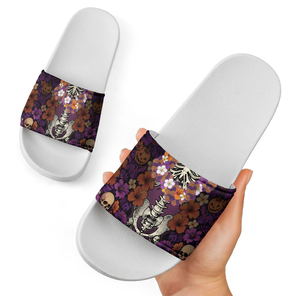 Hawaii Halloween Slide Sandals Skeleton Bones Flower Lei Tropical Floral DT05 - Polynesian Pride