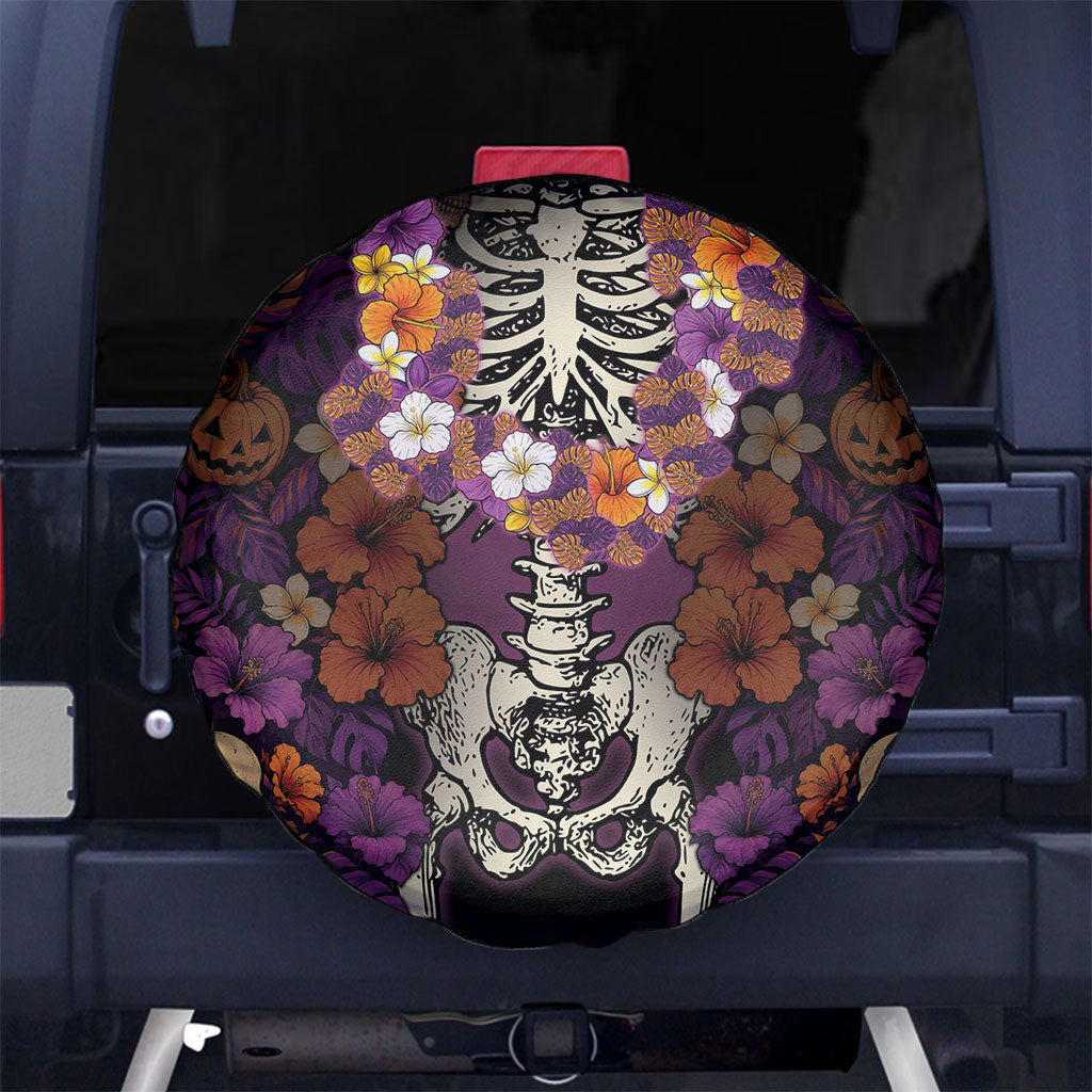 Hawaii Halloween Spare Tire Cover Skeleton Bones Flower Lei Tropical Floral DT05 No hole Black - Polynesian Pride
