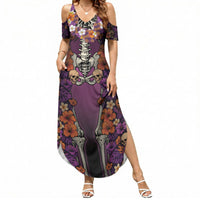 Hawaii Halloween Summer Maxi Dress Skeleton Bones Flower Lei Tropical Floral DT05 Women Black - Polynesian Pride