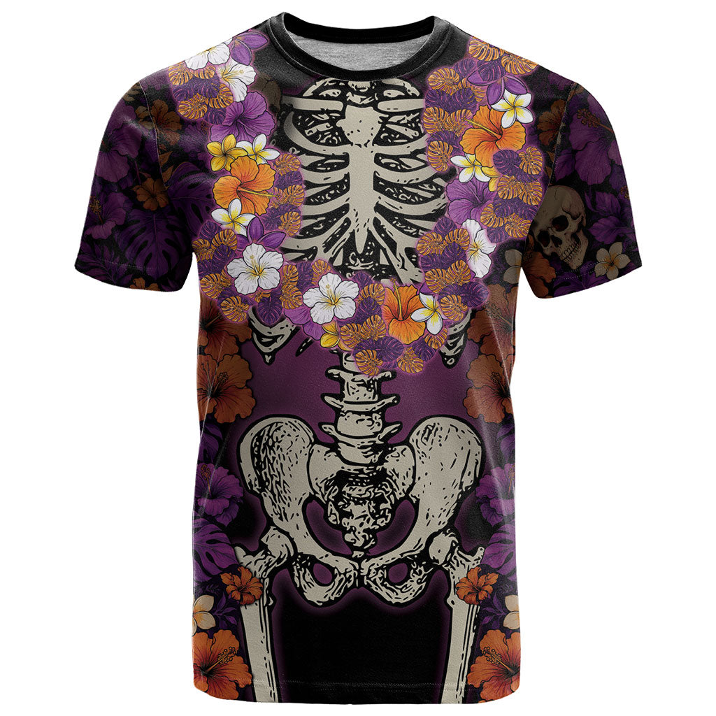 Hawaii Halloween T Shirt Skeleton Bones Flower Lei Tropical Floral DT05 Black - Polynesian Pride