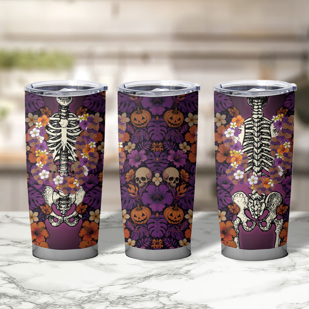 Hawaii Halloween Tumbler Cup Skeleton Bones Flower Lei Tropical Floral DT05 - Polynesian Pride