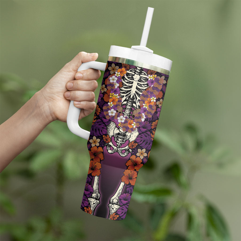 Hawaii Halloween Tumbler With Handle Skeleton Bones Flower Lei Tropical Floral DT05 - Polynesian Pride