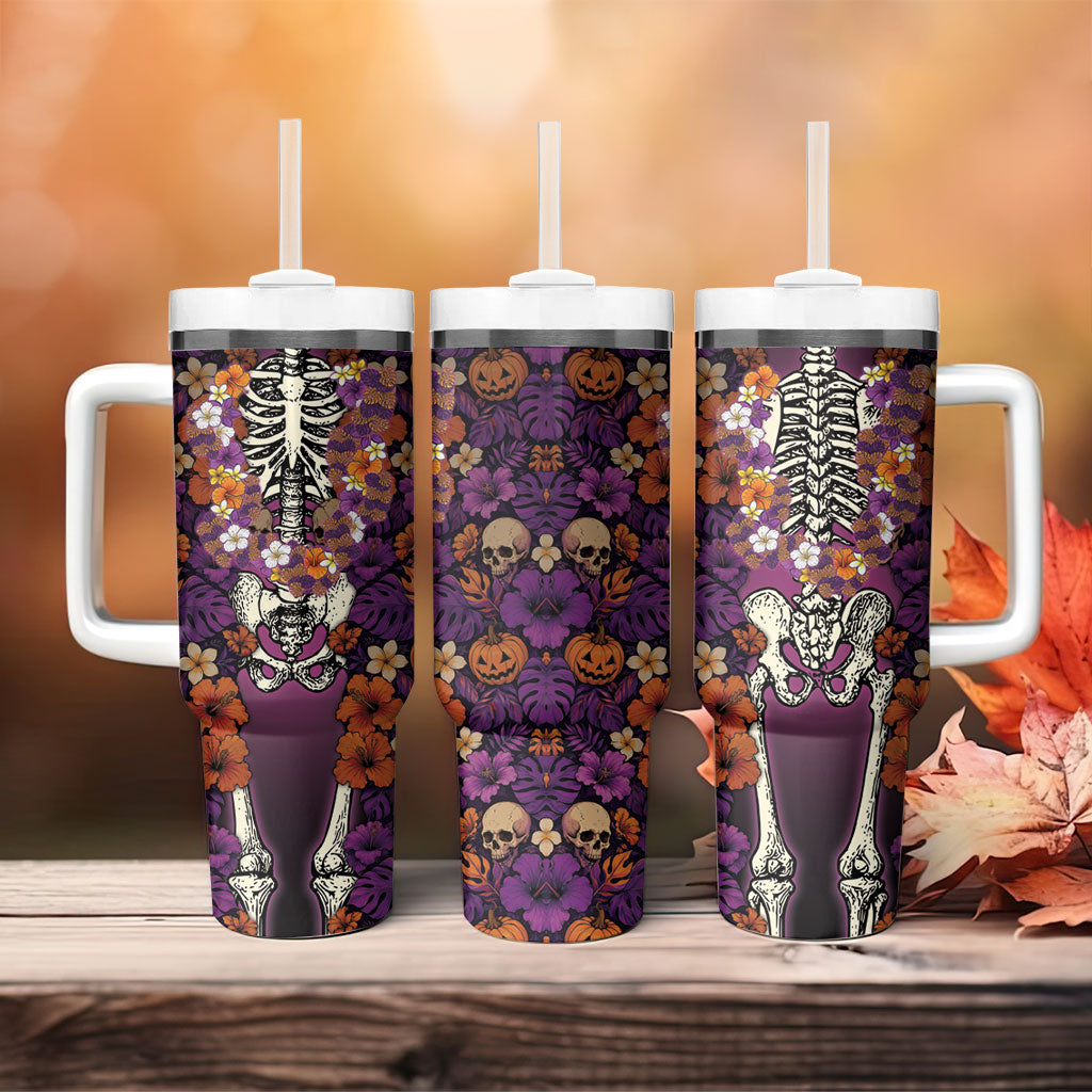 Hawaii Halloween Tumbler With Handle Skeleton Bones Flower Lei Tropical Floral DT05 - Polynesian Pride