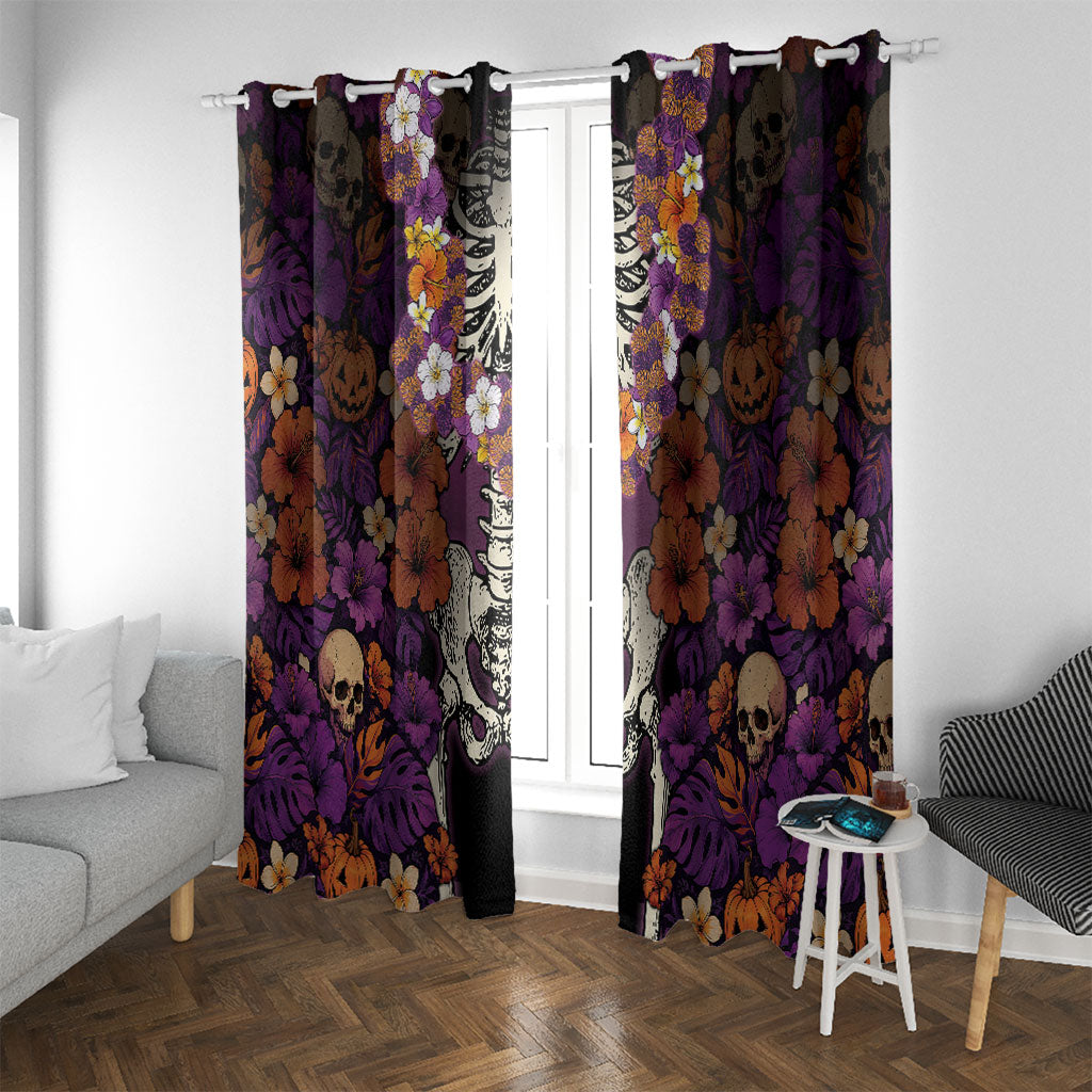 Hawaii Halloween Window Curtain Skeleton Bones Flower Lei Tropical Floral DT05 With Grommets Black - Polynesian Pride