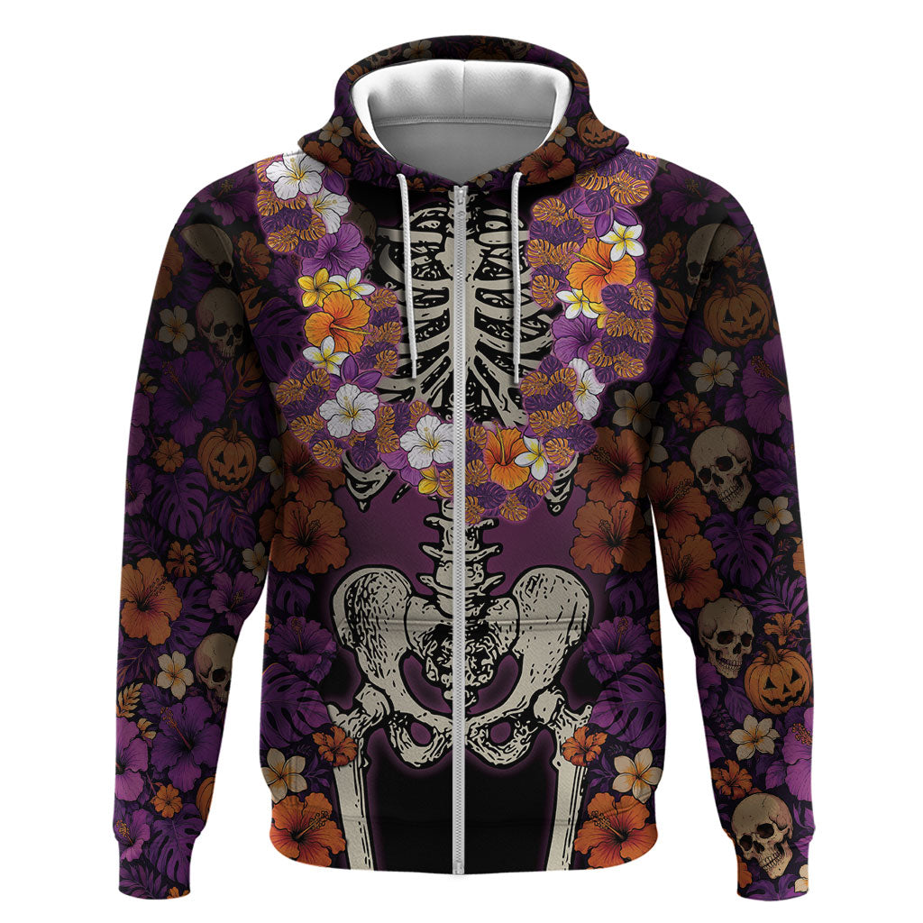 Hawaii Halloween Zip Hoodie Skeleton Bones Flower Lei Tropical Floral DT05 Zip Hoodie Black - Polynesian Pride
