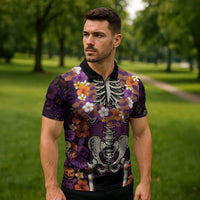Hawaii Halloween Zipper Polo Shirt Skeleton Bones Flower Lei Tropical Floral DT05 - Polynesian Pride
