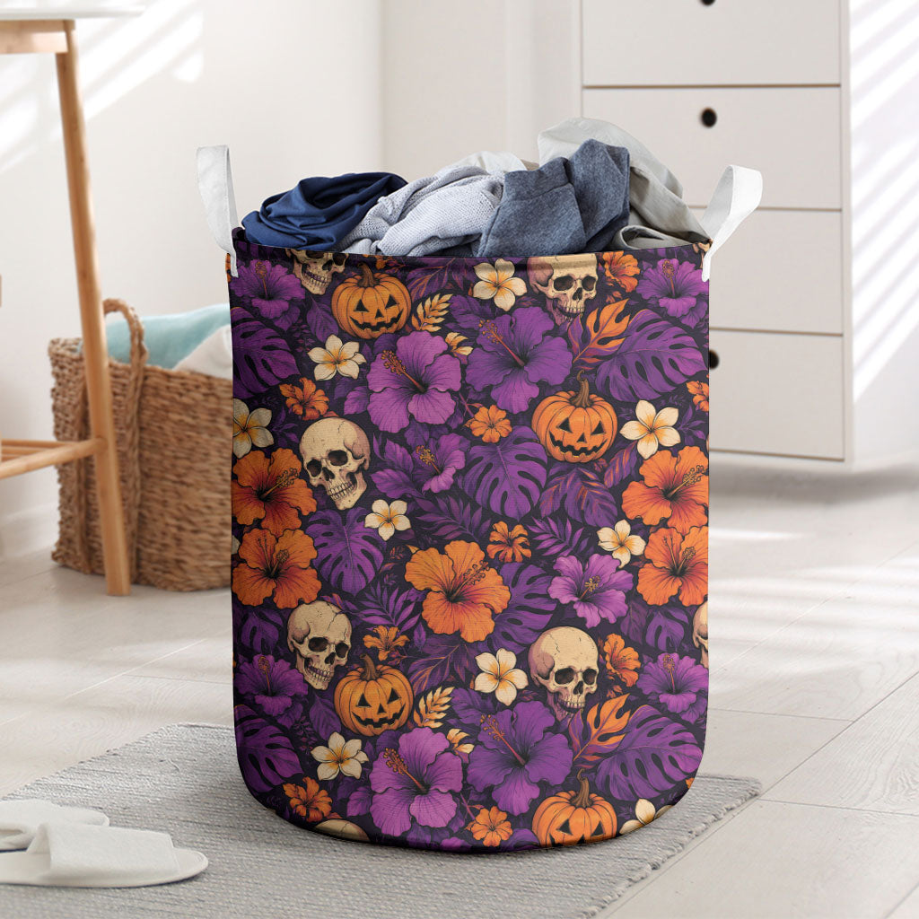 Hawaii Halloween Laundry Basket Skeleton Pumpkin Hawaiian Flower Tribal DT05 Purple - Polynesian Pride