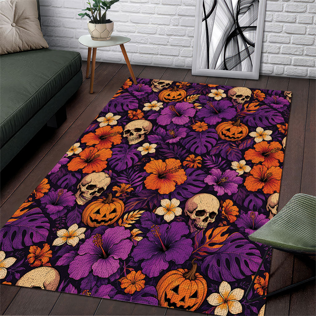 Hawaii Halloween Area Rug Skeleton Pumpkin Hawaiian Flower Tribal DT05 Purple - Polynesian Pride