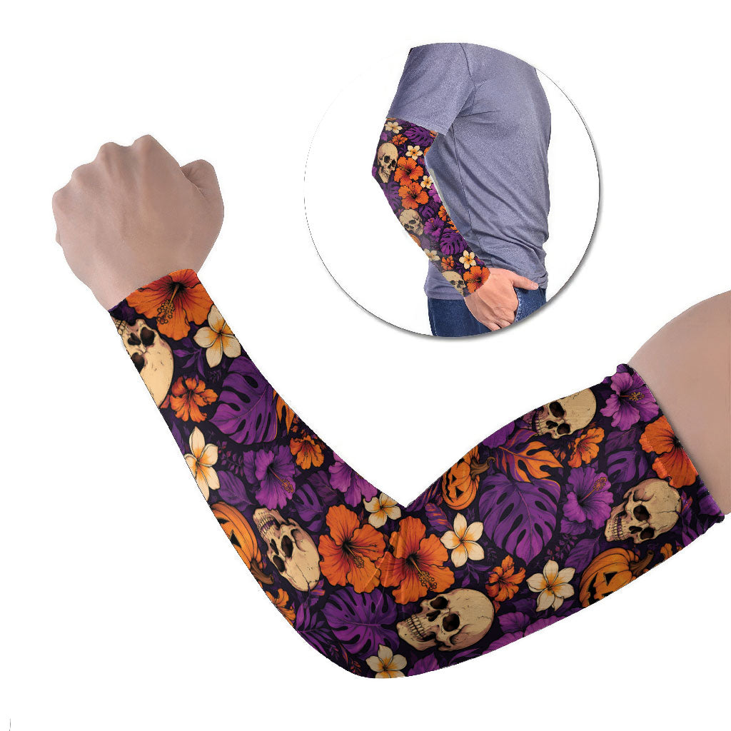 Hawaii Halloween Arm Sleeves Skeleton Pumpkin Hawaiian Flower Tribal DT05 Set of 2 Purple - Polynesian Pride