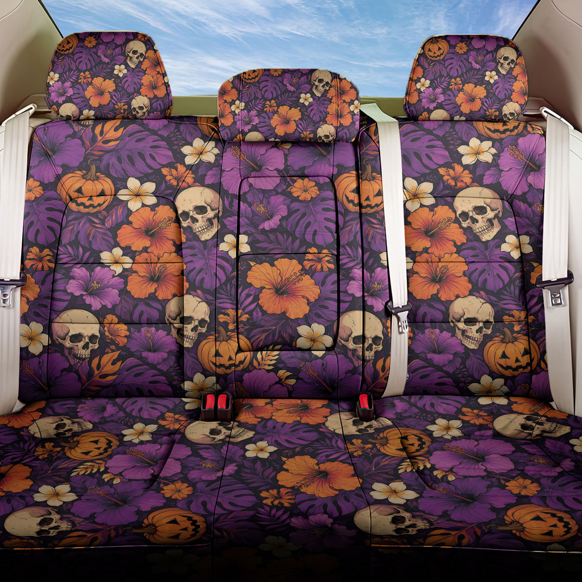 Hawaii Halloween Back Car Seat Cover Skeleton Pumpkin Hawaiian Flower Tribal DT05 One Size Purple - Polynesian Pride