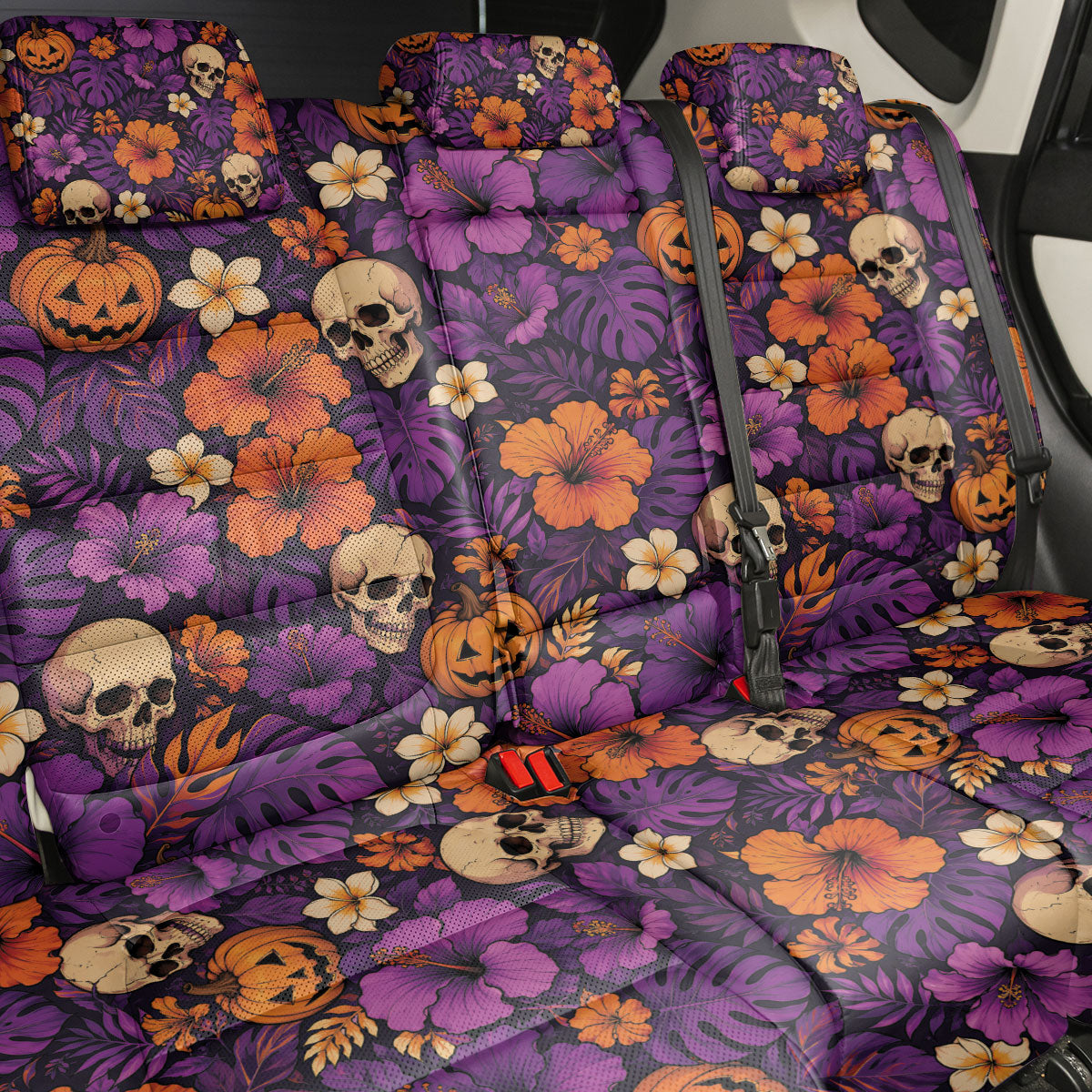 Hawaii Halloween Back Car Seat Cover Skeleton Pumpkin Hawaiian Flower Tribal DT05 - Polynesian Pride