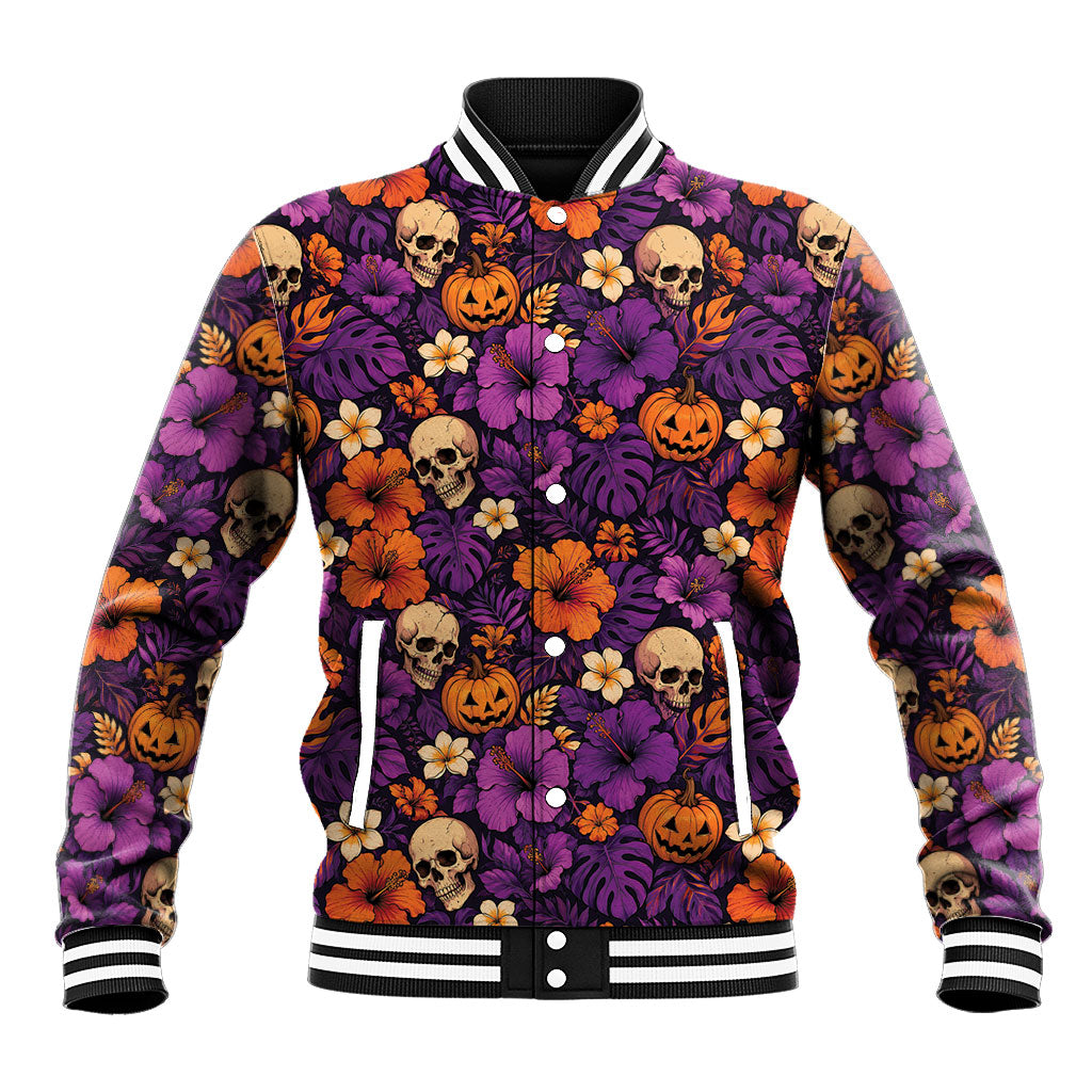 Hawaii Halloween Baseball Jacket Skeleton Pumpkin Hawaiian Flower Tribal DT05 Unisex Purple - Polynesian Pride