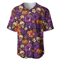 Hawaii Halloween Baseball Jersey Skeleton Pumpkin Hawaiian Flower Tribal DT05 Purple - Polynesian Pride