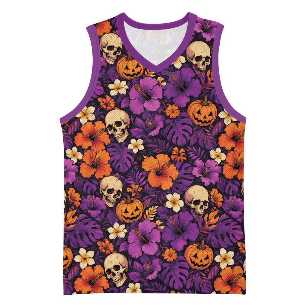 Hawaii Halloween Basketball Jersey Skeleton Pumpkin Hawaiian Flower Tribal DT05 Unisex Purple - Polynesian Pride
