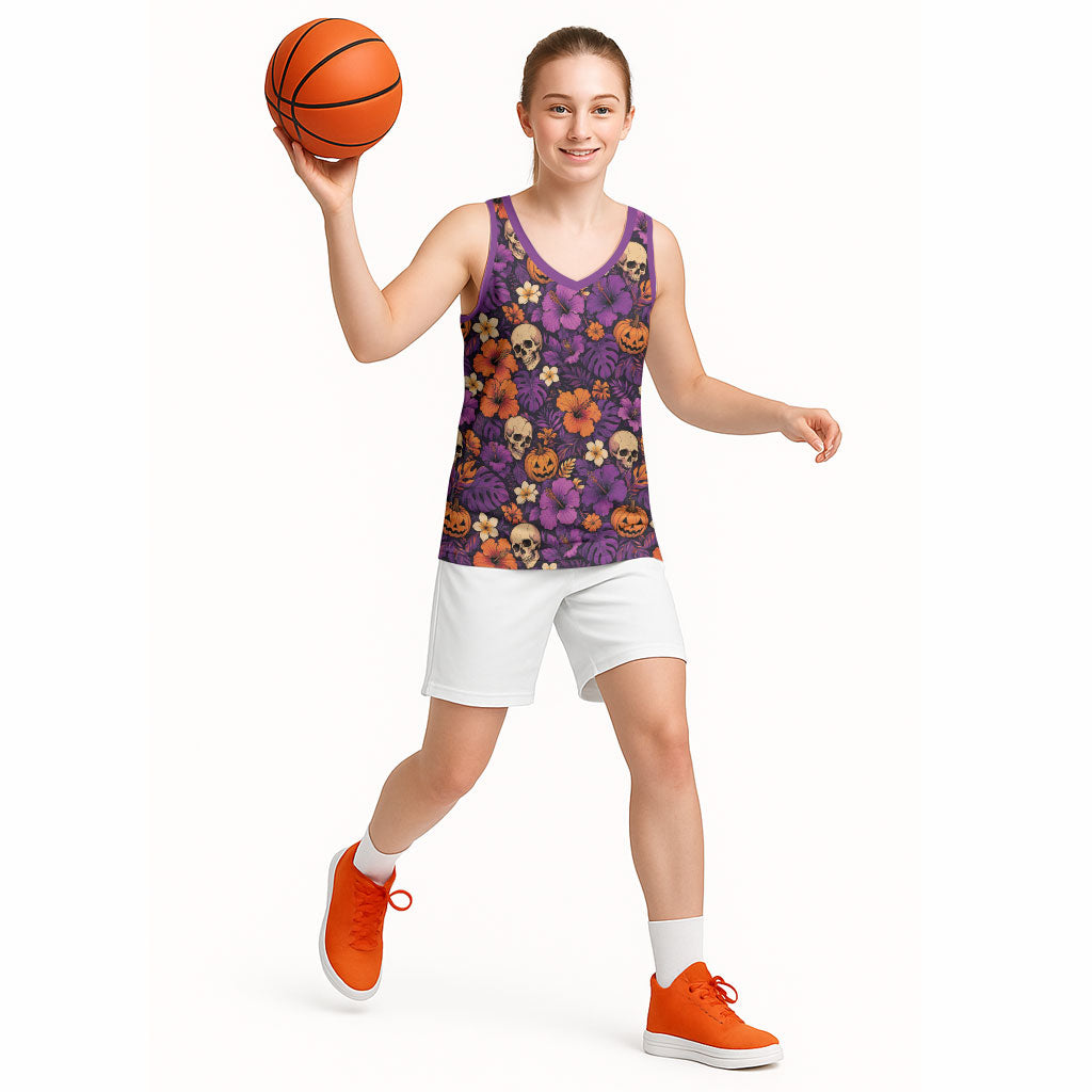 Hawaii Halloween Basketball Jersey Skeleton Pumpkin Hawaiian Flower Tribal DT05 - Polynesian Pride