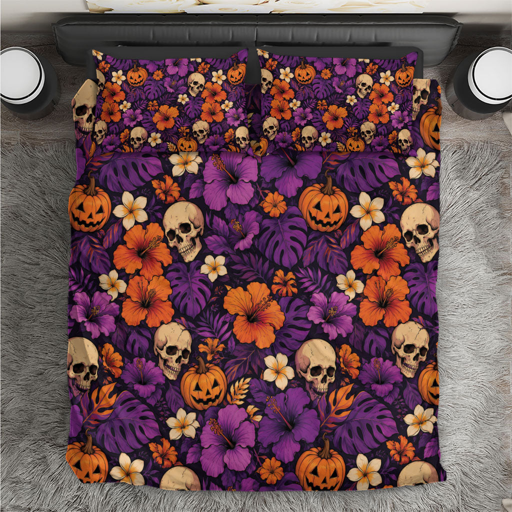Hawaii Halloween Bedding Set Skeleton Pumpkin Hawaiian Flower Tribal DT05 Purple - Polynesian Pride
