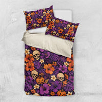 Hawaii Halloween Bedding Set Skeleton Pumpkin Hawaiian Flower Tribal DT05 US Twin 172cm x 218cm Purple - Polynesian Pride