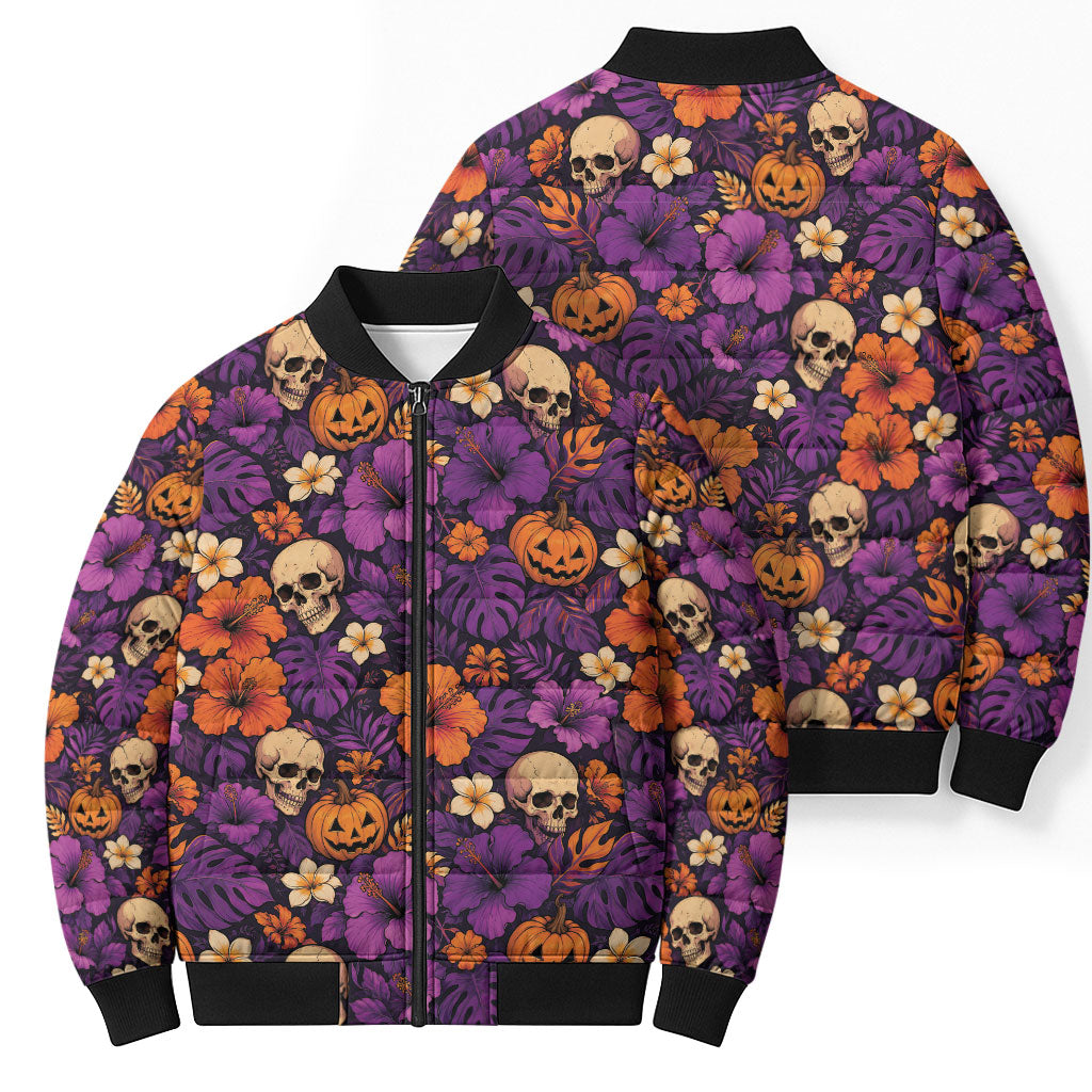 Hawaii Halloween Bomber Puffer Jacket Skeleton Pumpkin Hawaiian Flower Tribal DT05 - Polynesian Pride