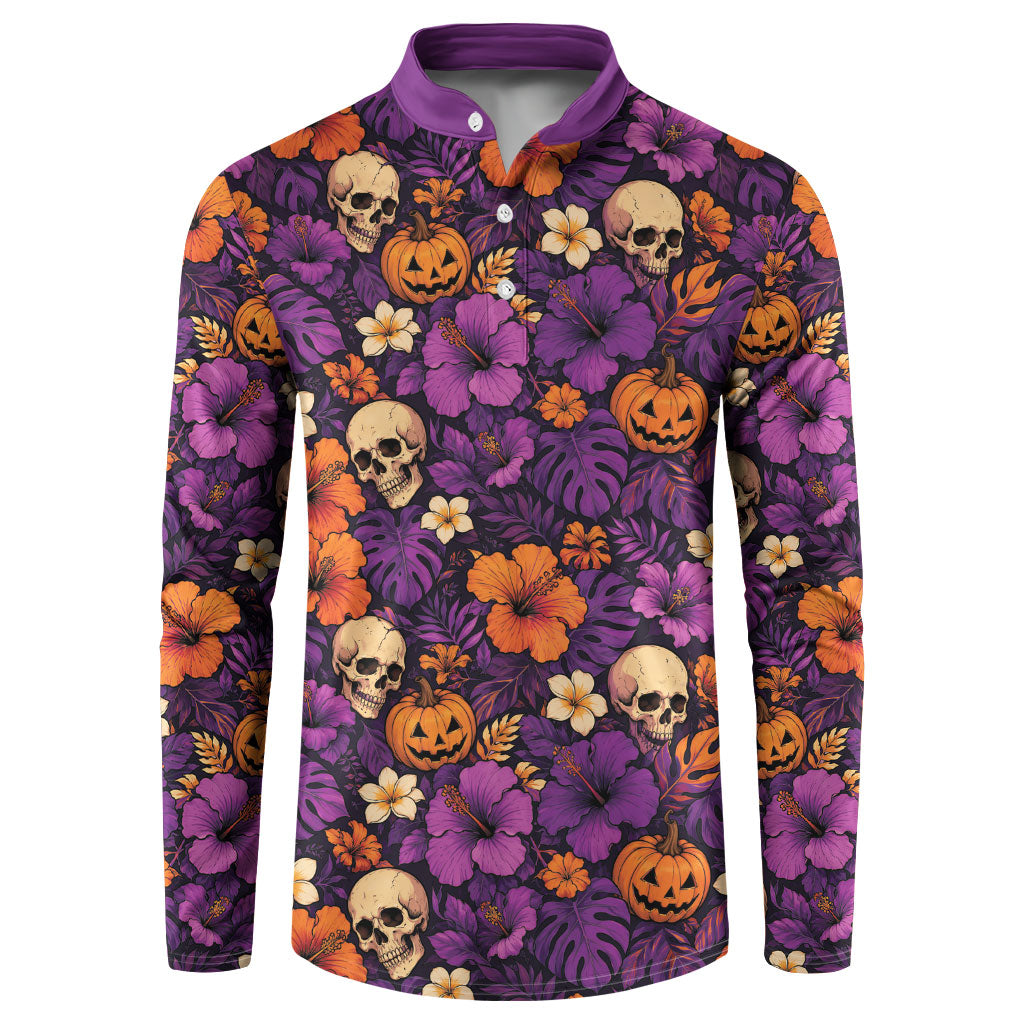 Hawaii Halloween Button Sweatshirt Skeleton Pumpkin Hawaiian Flower Tribal DT05 Purple - Polynesian Pride