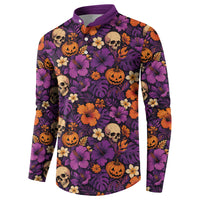 Hawaii Halloween Button Sweatshirt Skeleton Pumpkin Hawaiian Flower Tribal DT05 - Polynesian Pride