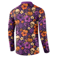Hawaii Halloween Button Sweatshirt Skeleton Pumpkin Hawaiian Flower Tribal DT05 - Polynesian Pride