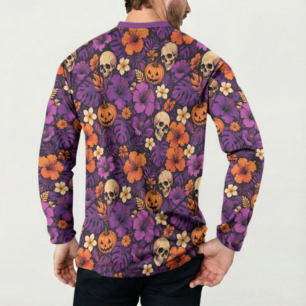 Hawaii Halloween Button Sweatshirt Skeleton Pumpkin Hawaiian Flower Tribal DT05 - Polynesian Pride